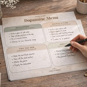 May include: A printed "Dopamine Menu" on a wooden surface, with handwritten tasks in four categories. A hand holding a pen is writing on the menu. Other items include a candle, coffee, glasses, and flowers.