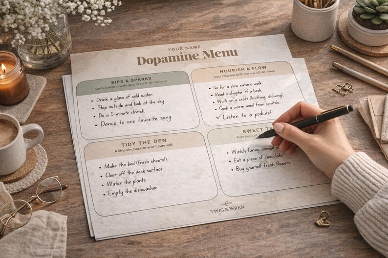 May include: A printed "Dopamine Menu" on a wooden surface, with handwritten tasks in four categories. A hand holding a pen is writing on the menu. Other items include a candle, coffee, glasses, and flowers.