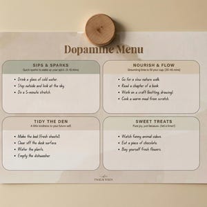 May include: A printed "Dopamine Menu" on a refrigerator door, held by a wooden magnet. The menu features four sections with self-care suggestions, including "Sips & Sparks" and "Sweet Treats".