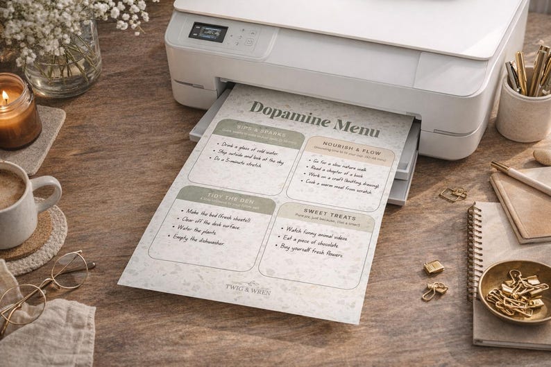 May include: A white printer printing a "Dopamine Menu" on paper. The menu features sections for "Birds & Sparks", "Nourish & Flow", "Tidy the Den", and "Sweet Treats". The scene includes a coffee cup, candle, and stationery.