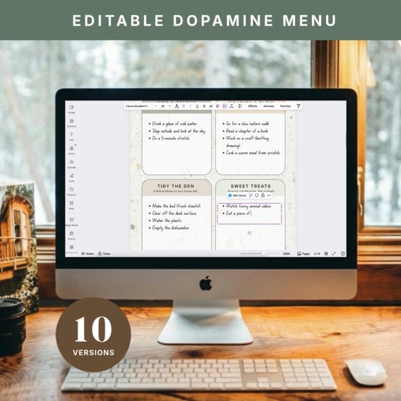 May include: A desktop computer displays an "EDITABLE DOPAMINE MENU" with a list of tasks. The screen shows a list of activities under headings like "Tidy the Den" and "Sweet Treats." A mouse and keyboard are in front of the computer. The image also includes the text "10 VERSIONS."
