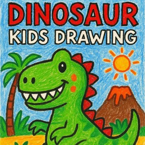May include: A colorful crayon drawing titled "DINOSAUR KIDS DRAWING." The image features a smiling green dinosaur with red spines, a palm tree, a volcano, and a bright sun against a blue sky. Green grass and orange ground complete the scene.