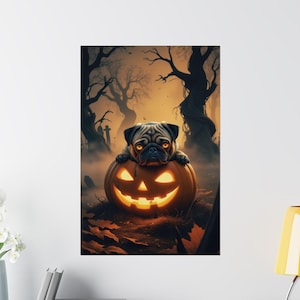 Spooky Halloween Pug Poster - Creepy Possessed Evil Pug in a Carved Pumpkin - Seasonal Wall Art, Dog Themed Halloween Decoration