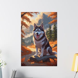 Vibrant Autumn Husky Poster, Dog Art Print, Home Fall Decor, Pet Lover Gift, Nature Wall Art, Animal Poster, Gift for Dog Owners
