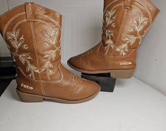 Bebe Cowgirl Boots womens size 4 Brown faux leather embroidered logo name