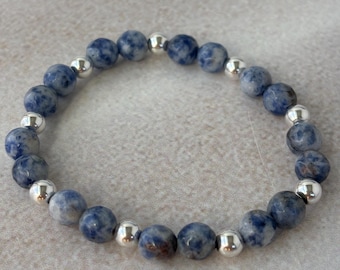 Blue Sodalite Bracelet with Silver Accents | 8mm Gemstone Stacking Jewelry