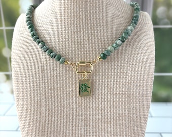 Green Dragon Mahjong Necklace with Spot Jasper and Gold-Filled Carabiner
