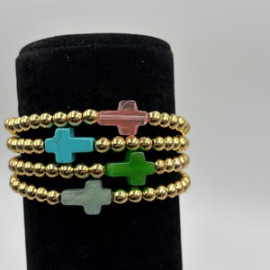 Gemstone Cross Bracelet: Rose Quartz, Turquoise, Tiger&#39;s Eye - Gold Filled Beads