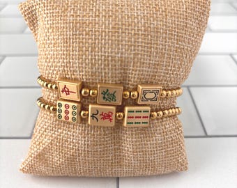 Mahjong Gold Bead Bracelets | Three Dragons or 9 Bam Dot Crak