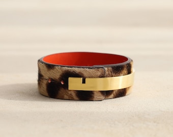 NEW!! - Gold Bar Edge Leopard Calf Hair Leather Cuff Bracelet