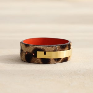 NEW!! - Gold Bar Edge Leopard Calf Hair Leather Cuff Bracelet