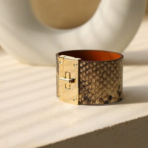 Python Pattern Wide Leather Cuff for Women (Brown and Ivory), Italian Cowhide   (BLC077)