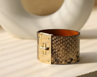 Python Pattern Wide Leather Cuff for Women (Brown and Ivory), Italian Cowhide   (BLC077)
