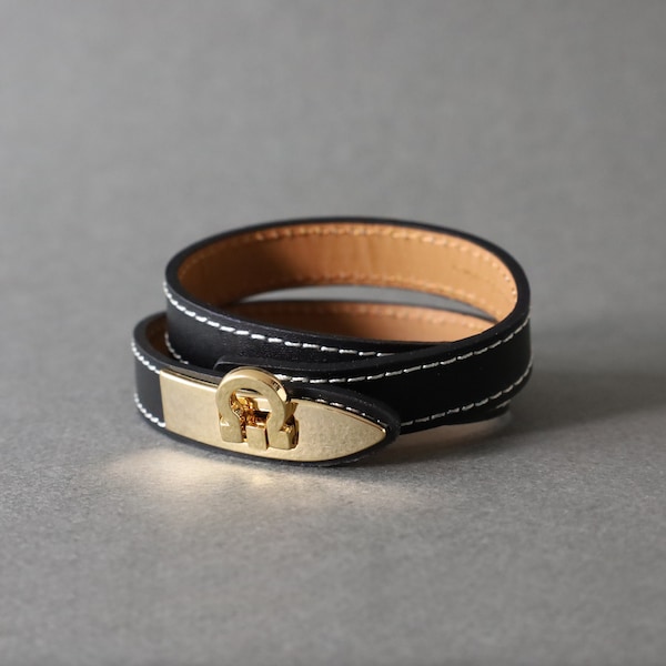 NEW! - DOUBLE WRAP Classic Gancini Buckle Leather Bracelet, Modern Chic Stitch Leather Bracelet, Leather Luxury Leather Bracelet for Women