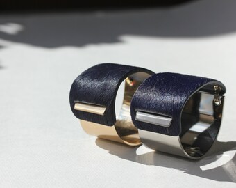 Gold, Silver Wide Statement Bangle Deep Navy Calf Hair Cuff BLC005
