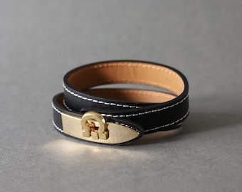 NEW! - DOUBLE WRAP Classic Gancini Buckle Leather Bracelet, Modern Chic Stitch Leather Bracelet, Leather Luxury Leather Bracelet for Women