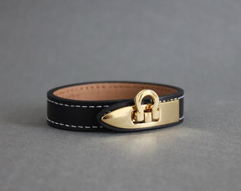 Classic Gancini Buckle, Luxury Leather Bracelet for Women (Black, Orange, Pale Pink) (BLC029)