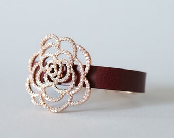 New Colors!! - Camellia Flower Pave Crystals on Vegetable Tanned Leather, CZ Leather Bracelet (7 colors) (BLM013)