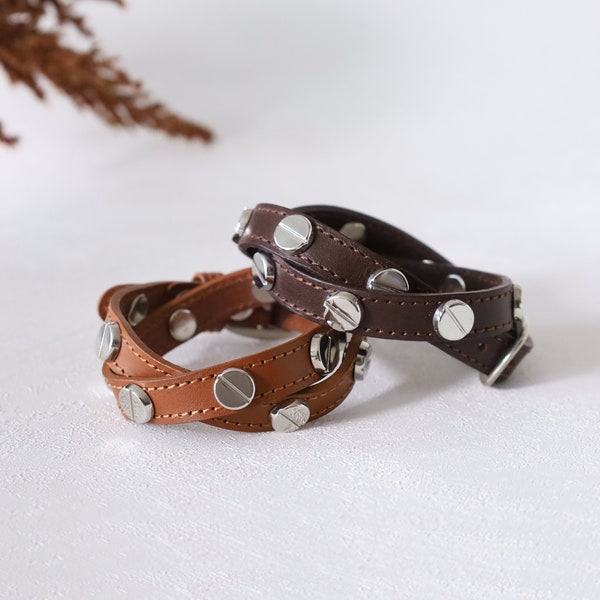 Screw Stud Ornament Leather Bracelet, Double Wrap Bracelet for Women (Rich Brown, Dark Brown, Dark Gray) (BLC018)
