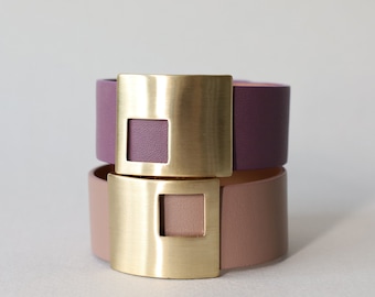 Geometric Matte Gold Plated Metal Leather Bracelet, Leather Cuff for Women, Gold Leather Bracelet, Purple Bracelet (BLM034)
