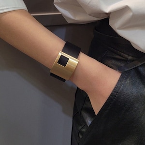 Geometric Matte Gold Plated Leather Cuff Bracelet Women's Modern Brass Jewelry