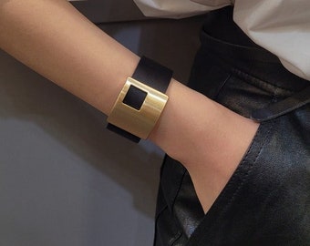 Geometric Matte Gold Plated Leather Cuff Bracelet Women's Modern Brass Jewelry