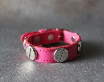 French Stud Leather Bracelet-Medium Size (Pink) (BLC019)
