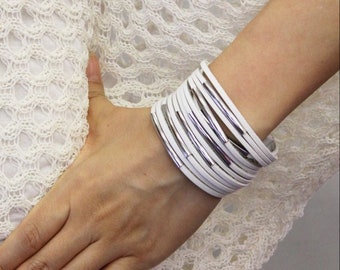 Multi Layered Leather Bracelet, Wide Leather Cuff for Women, Soft Leather Bracelet  (White) (BLC028)