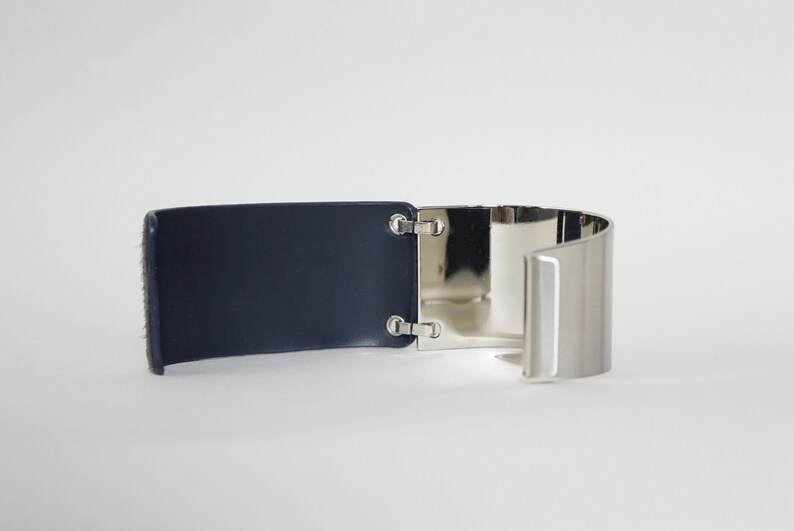 Gold, Silver Wide Statement Bangle Deep Navy Calf Hair Cuff BLC005