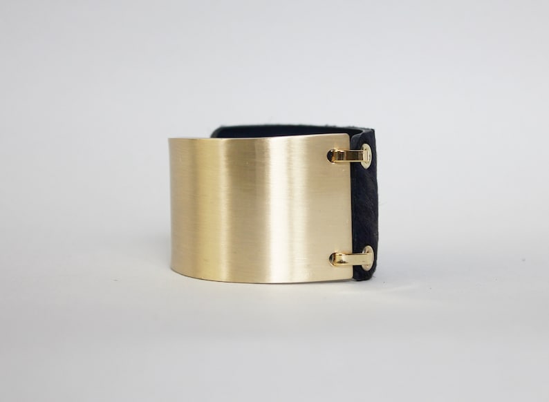 Gold, Silver Wide Statement Bangle Deep Navy Calf Hair Cuff BLC005