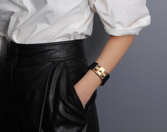 Wide Cuff Leather Bracelet with Metal Stud, Snap Button Fastener, Chic Style Jewelry