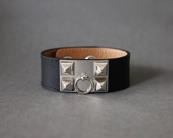 Wide Cuff Leather Bracelet with Metal Stud, Snap Button Fastener, Chic Style Jewelry