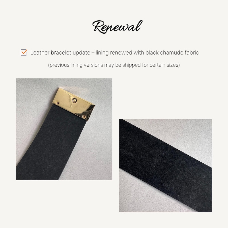 K&ouml;nnte beinhalten: Nahaufnahme eines schwarzen Lederarmbands mit einem goldenen Metallverschluss. Das Armband hat ein schwarzes Chamude-Futter. Lederarmband-Update - Futter erneuert mit schwarzem Chamude-Stoff (fr&uuml;here Futterversionen k&ouml;nnen f&uuml;r bestimmte Gr&ouml;&szlig;en versandt werden).