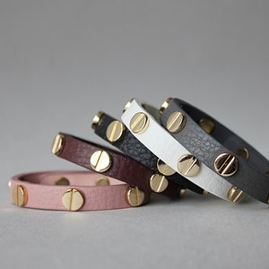 Gold Screw Stud Leather Bracelet for Women (Black, White, Gray, Pink, Burgundy) (BLC070)