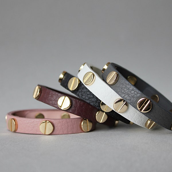 Gold Screw Stud Leather Bracelet for Women (Black, White, Gray, Pink, Burgundy) (BLC070)