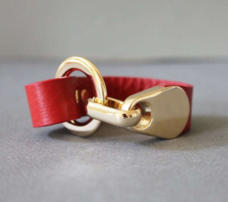 Embossed Italian Leather Bracelet With Gold Plated Metal Ring Etsy
