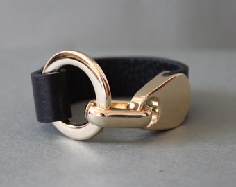 Embossed Italian Leather Bracelet with Gold Plated Metal Ring (Black, Gray, Khaki)  (BLC060)