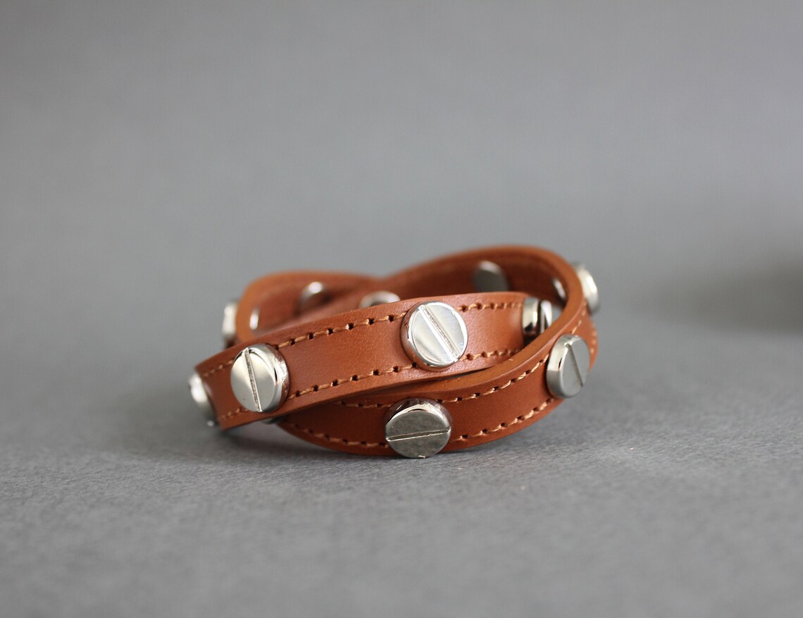 Screw Stud Ornament Leather Bracelet Double Wrap Bracelet for Etsy