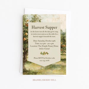 Peut inclure: Carte d'invitation pour un dîner de récolte avec une illustration d'un verger. Le texte "Harvest Supper" est présent, avec les détails de l'événement : date, heure, lieu et tenue vestimentaire. Fond blanc.
