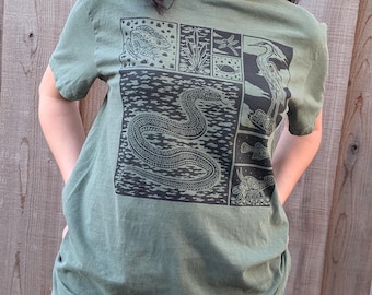 Block-printed "Wetland Wildlife" Garter Snake, Great Blue Heron, and Swamp Critters Hemp Green Cotton Shirt