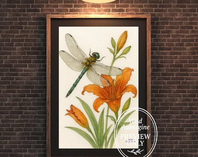 Dragonfly and Daylily Vintage Botanical Insect Print | Nature Illustration | Digital Download | Wild Aubergine