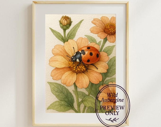 Ladybug and Orange Flower Watercolor Art Print | Digital Art Download | Botanical Insect Illustration | Wild Aubergine