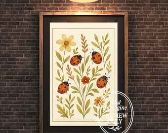 Lieveheersbeestjetuinprint: Cottagecore botanische muurkunst (digitale download)