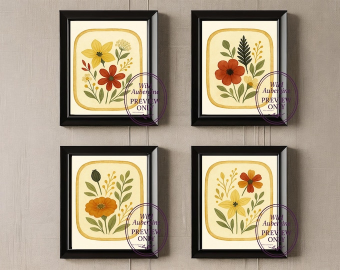 Modern Floral Wall Art Set – Retro Botanical Prints, Vintage Inspired Digital Download | Wild Aubergine