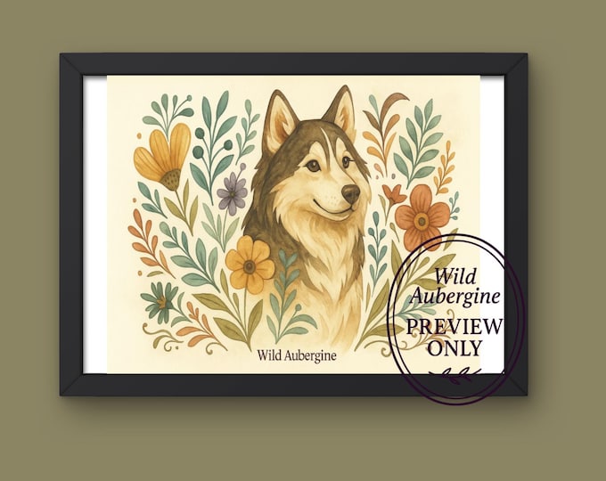 Husky Floral Wall Art | Digital Art Download | Botanical Husky Printable | Boho Dog Lover Decor | Wild Aubergine