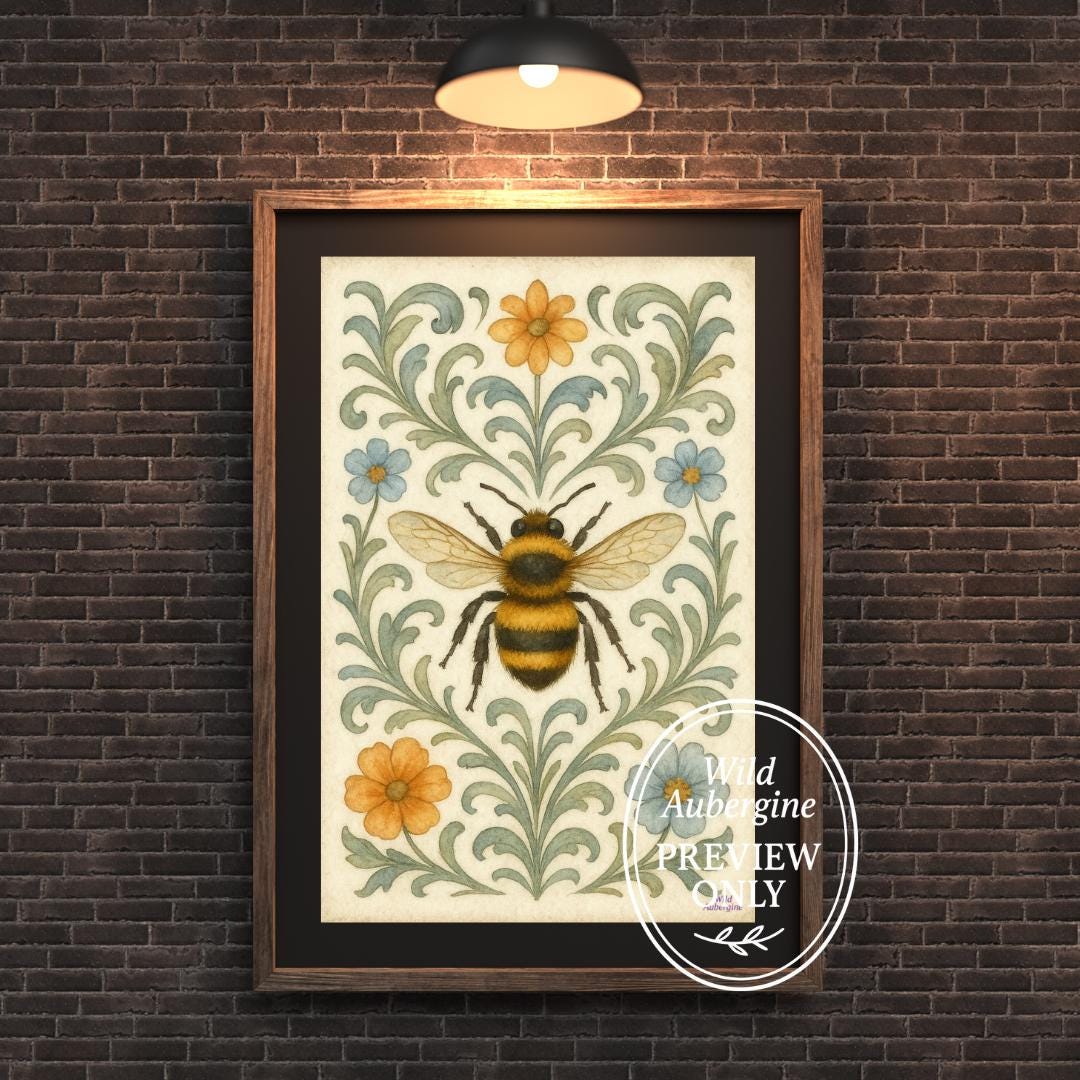 Vintage Bee Botanical Art Print: Watercolor Floral Illustration ...