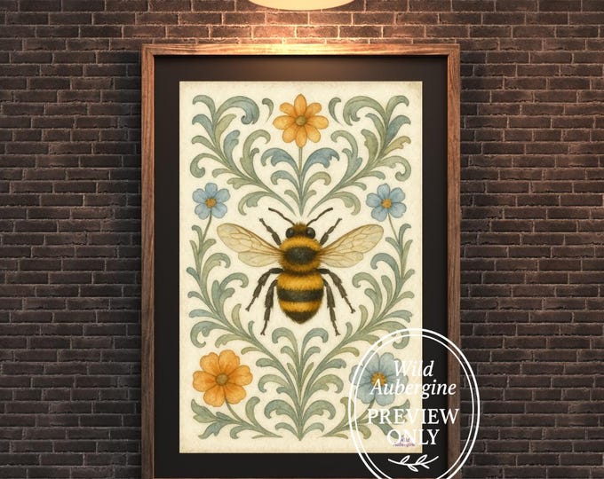Botanical Bee Art Print | Vintage Style Watercolor Bee with Flowers | Nature Wall Decor | Botanical Insect Illustration | Wild Aubergine