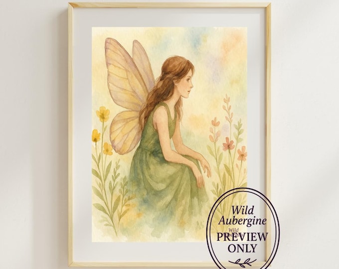 Sitting Fairy Wall Art | Digital Art Download | Whimsical Boho Printable | Nature Spirit Illustration | Wild Aubergine