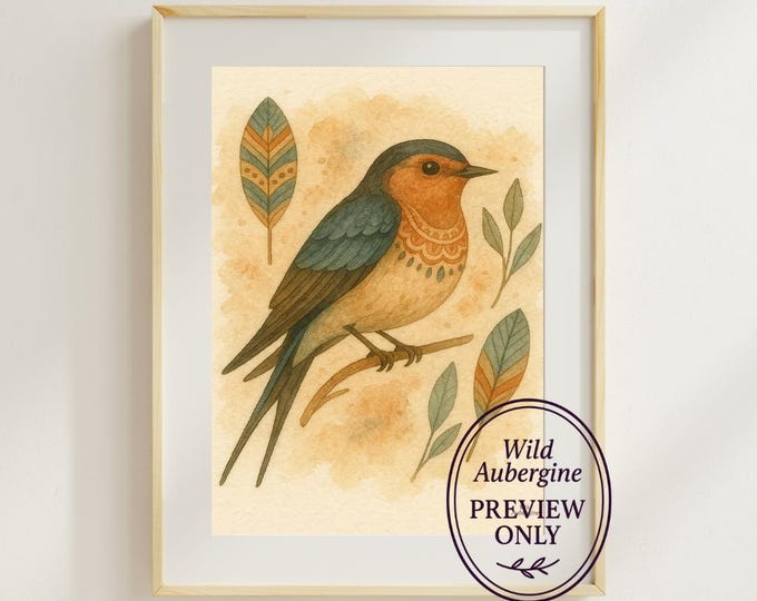 Bird on a Branch Wall Art | Digital Art Download | Boho Feather Decor Printable | Nature Bird Print | Wild Aubergine