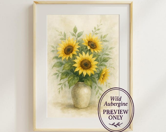 Sunflower Bouquet Watercolor Art Print | Rustic Farmhouse Floral Wall Decor | Instant Digital Download | Wild Aubergine